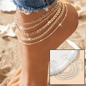 5Pcs Bohemian Airplane Chain Anklets - Heart-Shaped Design Women's Summer Beach Foot Jewelry