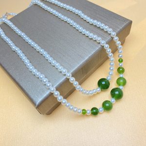 Sterling Silver Clavicle Chain with White Jasper and Green Chalcedony