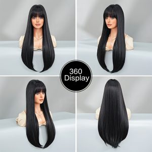 Chic 26-Inch Synthetic Wig with Straight Heat-Resistant Black Hair, Non-Toxic Design, Bangs & Rose Net Cap - Perfect for Any Occasion