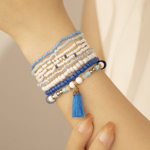 Stunning Ethnic Peacock Blue Tassel Pendant Bracelet with Japonica Rice Beads