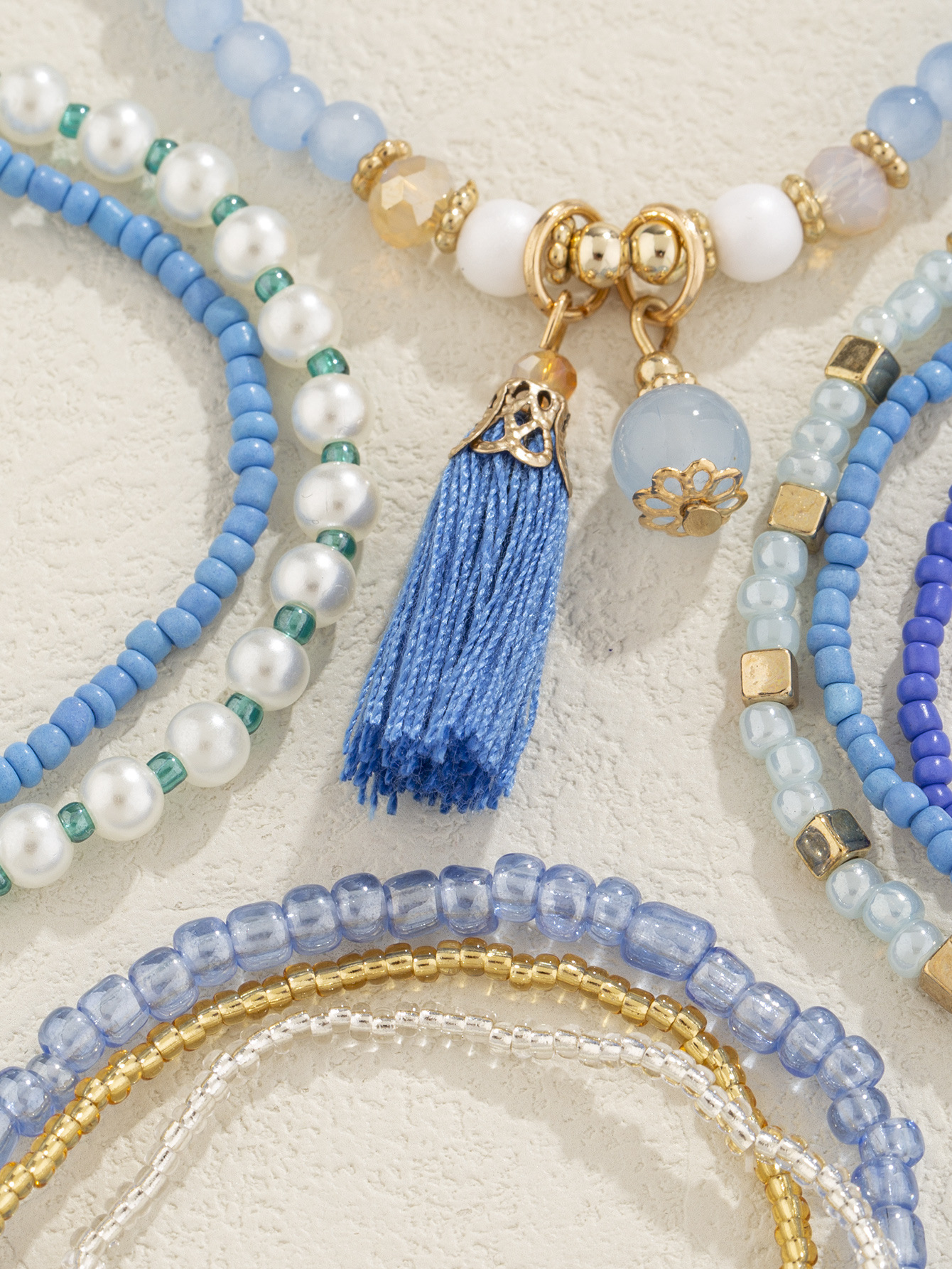 Stunning Ethnic Peacock Blue Tassel Pendant Bracelet with Japonica Rice Beads - Image 3