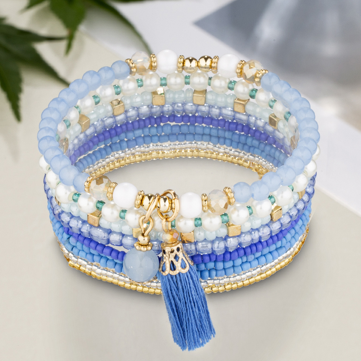 Stunning Ethnic Peacock Blue Tassel Pendant Bracelet with Japonica Rice Beads - Image 5