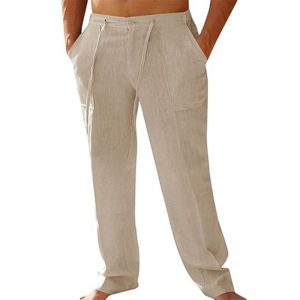 Men's Summer Beach Yoga Trousers - Casual Linen Loose Fit with Patch Pockets and Drawstring