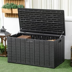 Outsunny 336 Litre Heavy Duty Garden Storage Box, Water-resistant Double Wall Plastic Container, Extra Large Outdoor Organizer with Wheels and Handles, Black Deck Cushion Chest