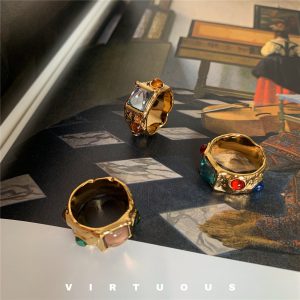 Unique Retro Colored Gemstone Ring with Irregular Gold Finish - Niche Design