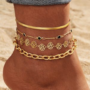 Rose Black Diamond Snake Chain Anklet Set - 4 Pieces for Elegant Style