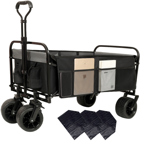 440lbs Heavy-Duty Collapsible Wagon Cart with Strapping System - Versatile Beach Utility Cart for Camping, Shopping, Sports, Gardening, and Fishing; Includes 3 Plastic Liner Bags - Image 10