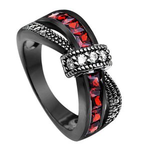 Stunning Black Gold Garnet Red Cross Zircon Ring - Unique Jewelry Piece