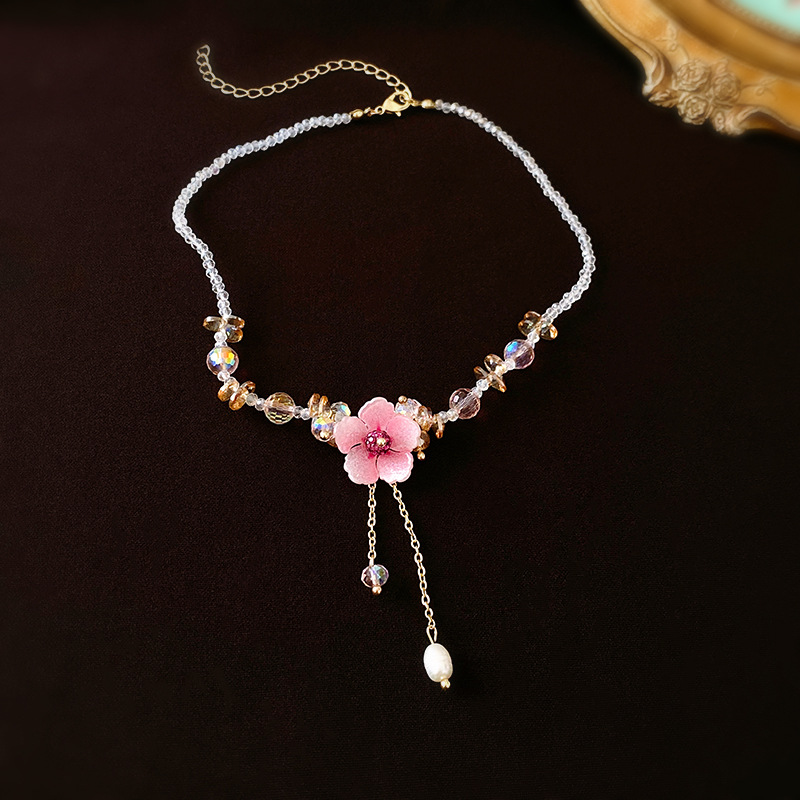 Elegant Female Crystal Diamond Flower Pearl Tassel Necklace for Every Occasion - Image 2