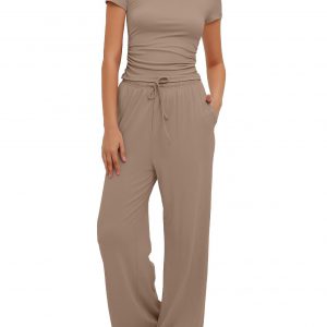 2pcs Solid Color Casual Sports Yoga Set - Short Sleeve Top & High-Waisted Drawstring Wide-Leg Pants for Women's Summer Fashion