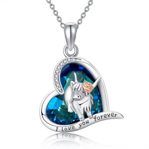 925 Sterling Silver Highland Cow Pendant Necklace with Blue Crystal Heart