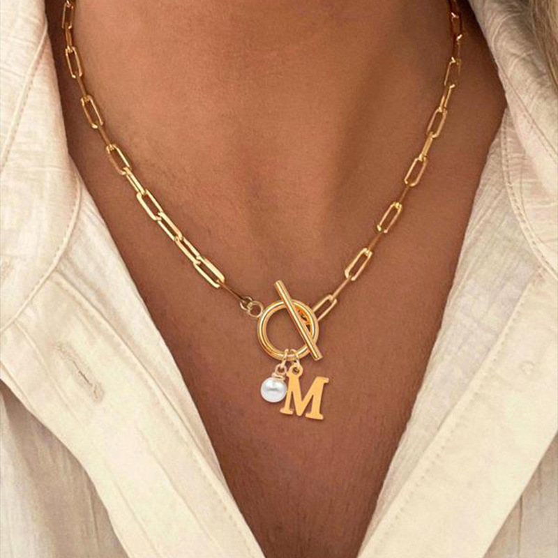 Stylish European and American 26 Letter Necklace with Stainless Steel Clip Chain and Imitation Pearl Pendant for Men and Women - Image 8