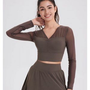 Stylish Women's Long-Sleeved Yoga Top with Chest Pad and Mesh Design
