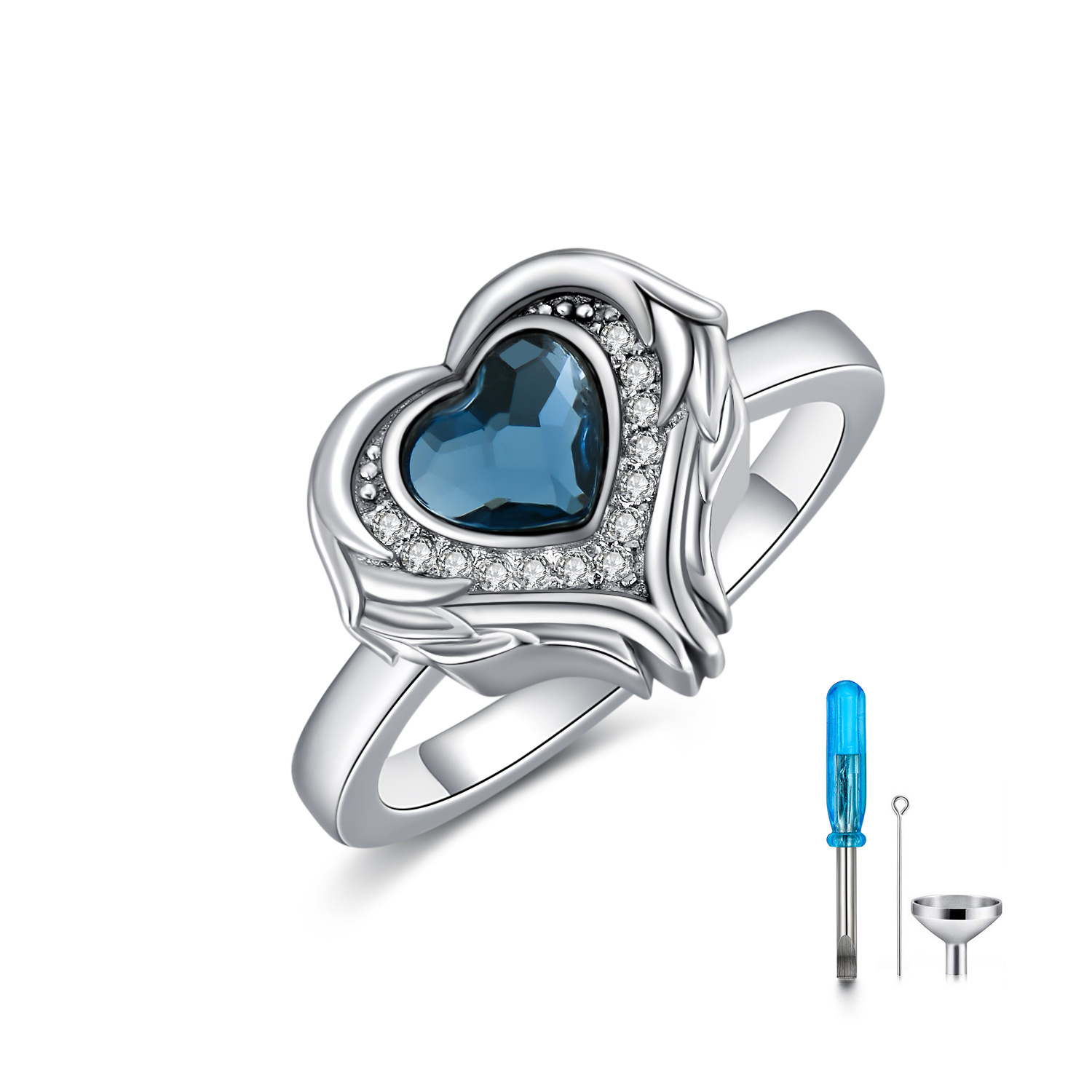 925 Sterling Silver Angel Wing Heart Cremation Urn Ring for Holding Ashes of Loved Ones