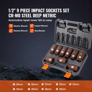 VEVOR 1/2" Drive Impact Socket Set - 9 Piece Metric Deep Socket Set 29-38mm, Durable 6 Point Cr-Mo Alloy Steel for Auto Repair, Clear Size Markings, Sturdy Storage Case Included