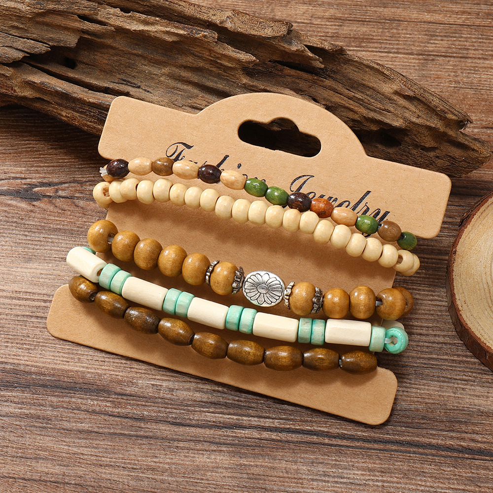 Vibrant Wooden Bead Flower Filament Bracelet Set - 5 Pieces of Charm - Image 4
