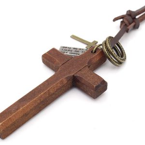 Stylish Natural Wood Cross Necklace with Leather Cord for Sweaters