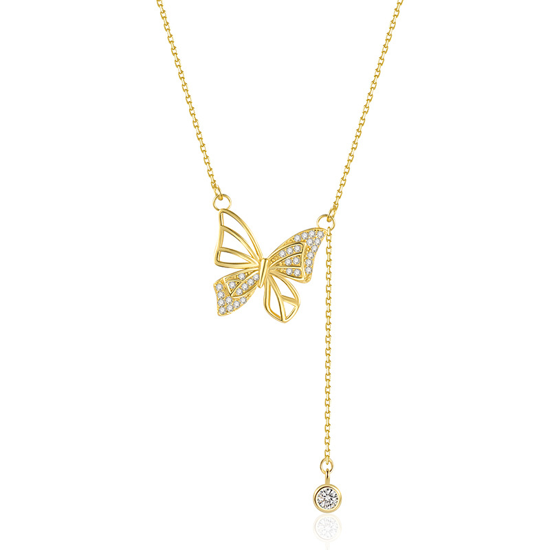 S925 Silver Hollow Butterfly Necklace with Rhinestones - Luxury Diamond Tassel Pendant Clavicle Chain for Women’s Jewelry - Image 3