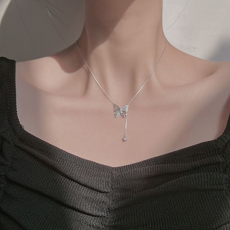 S925 Silver Hollow Butterfly Necklace with Rhinestones - Luxury Diamond Tassel Pendant Clavicle Chain for Women’s Jewelry - Image 6