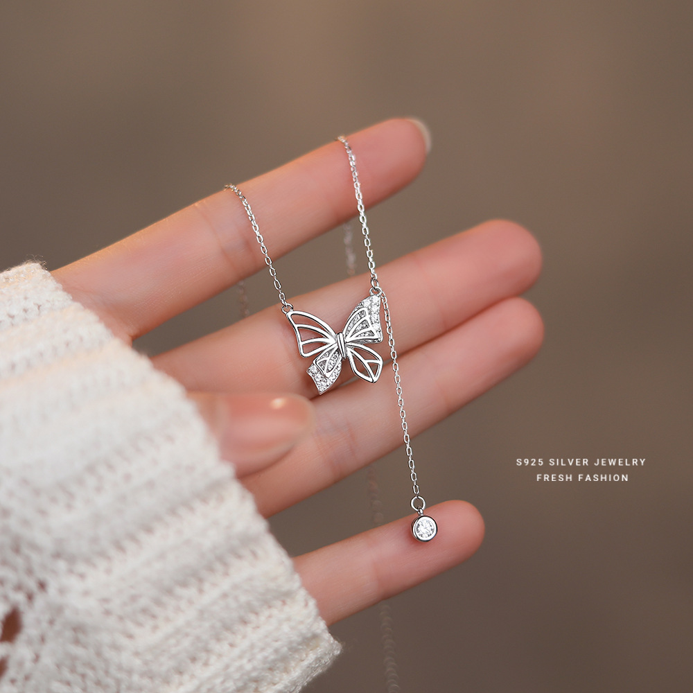 S925 Silver Hollow Butterfly Necklace with Rhinestones - Luxury Diamond Tassel Pendant Clavicle Chain for Women’s Jewelry - Image 7
