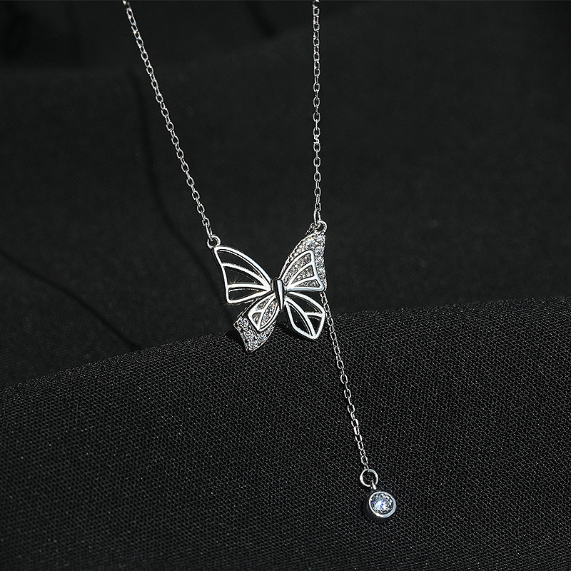 S925 Silver Hollow Butterfly Necklace with Rhinestones - Luxury Diamond Tassel Pendant Clavicle Chain for Women’s Jewelry - Image 11