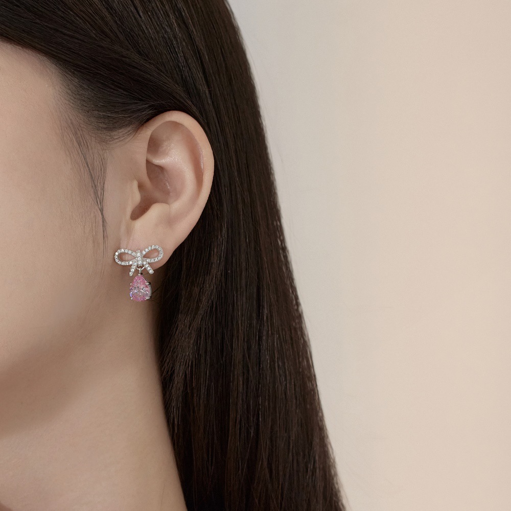 Exquisite Women's S925 Silver Pink Pear-shaped Water Drop Bow Design Earrings - Image 3