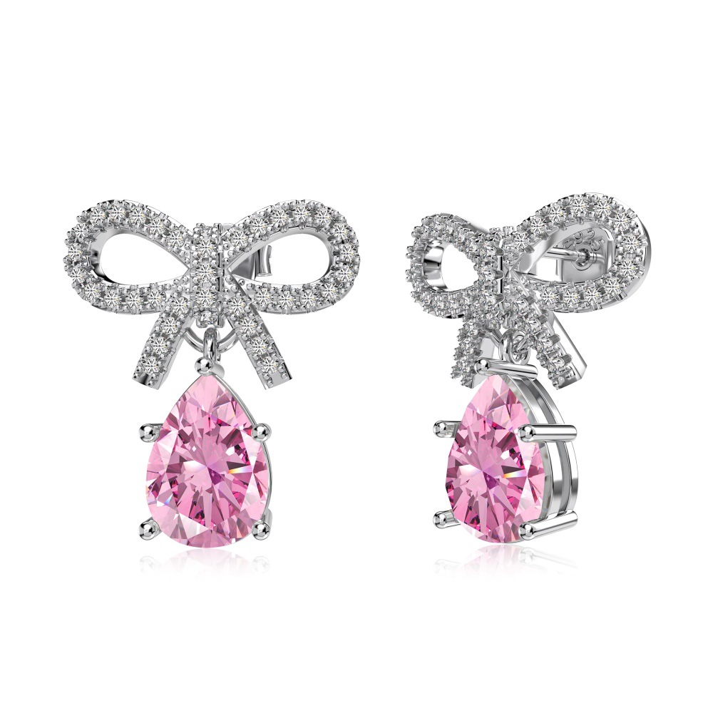 Exquisite Women's S925 Silver Pink Pear-shaped Water Drop Bow Design Earrings - Image 4