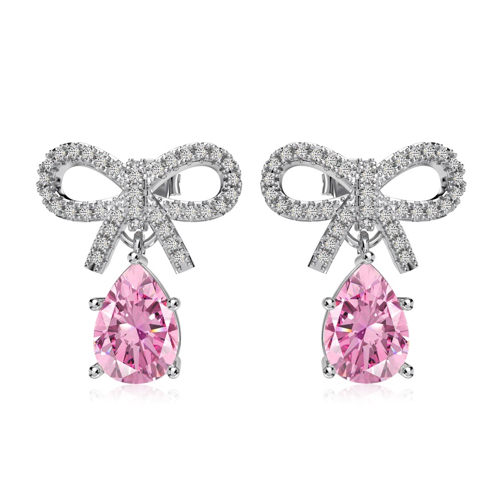 Exquisite Women's S925 Silver Pink Pear-shaped Water Drop Bow Design Earrings - Image 5