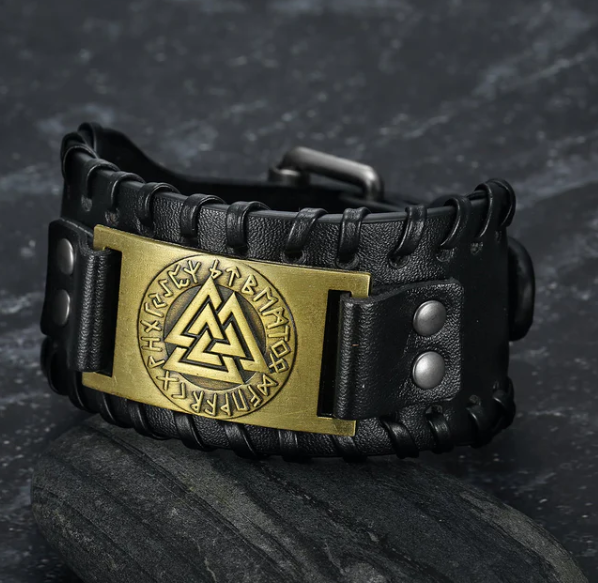 Nordic Viking Totem Triangle Energy Men's Genuine Leather Bracelet - Image 2