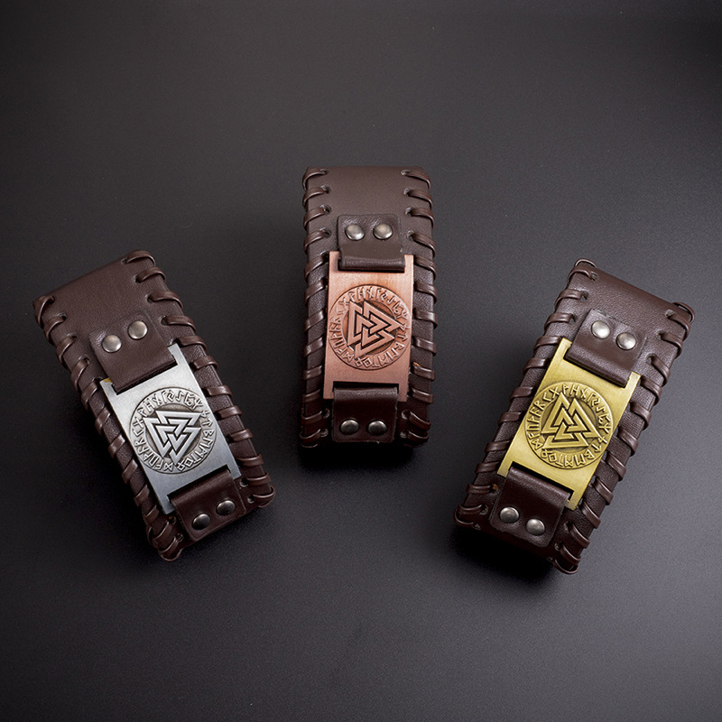 Nordic Viking Totem Triangle Energy Men's Genuine Leather Bracelet - Image 5