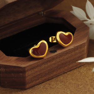 Durable Titanium Steel Wine Red Love Heart Stud Earrings – No Fading