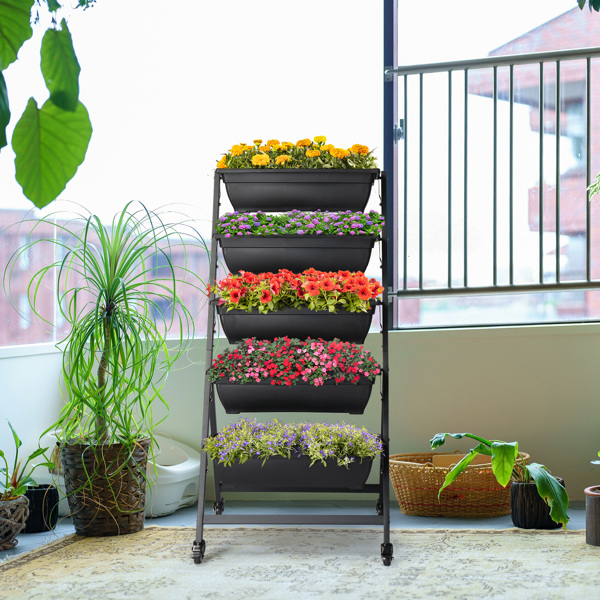5-Layer Black PE Planter Pot with Wheels - 65x60x130cm for Easy Mobility - Image 4