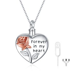 Sterling Silver Rose Flower Urn Necklace for Ashes - Forever in My Heart Cremation Jewelry