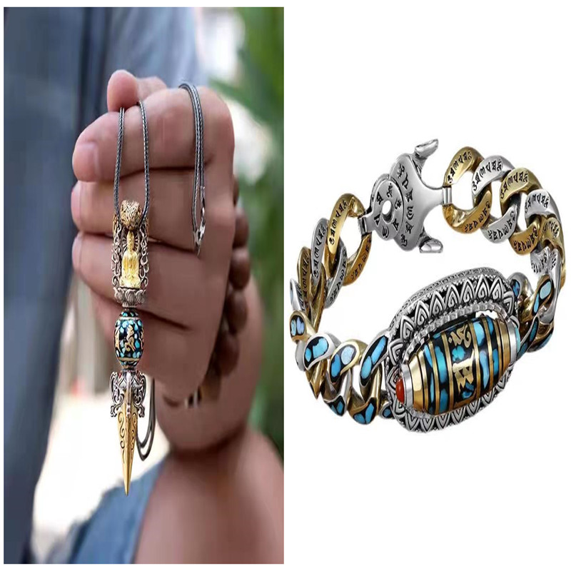 Men's and Women's Six-Word Mantra Rotating Turquoise Beads Vajra Necklace - Unique Spiritual Jewelry - Image 2