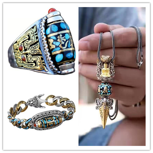 Men's and Women's Six-Word Mantra Rotating Turquoise Beads Vajra Necklace - Unique Spiritual Jewelry - Image 3