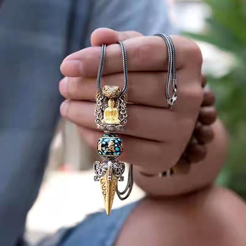 Men's and Women's Six-Word Mantra Rotating Turquoise Beads Vajra Necklace - Unique Spiritual Jewelry - Image 9