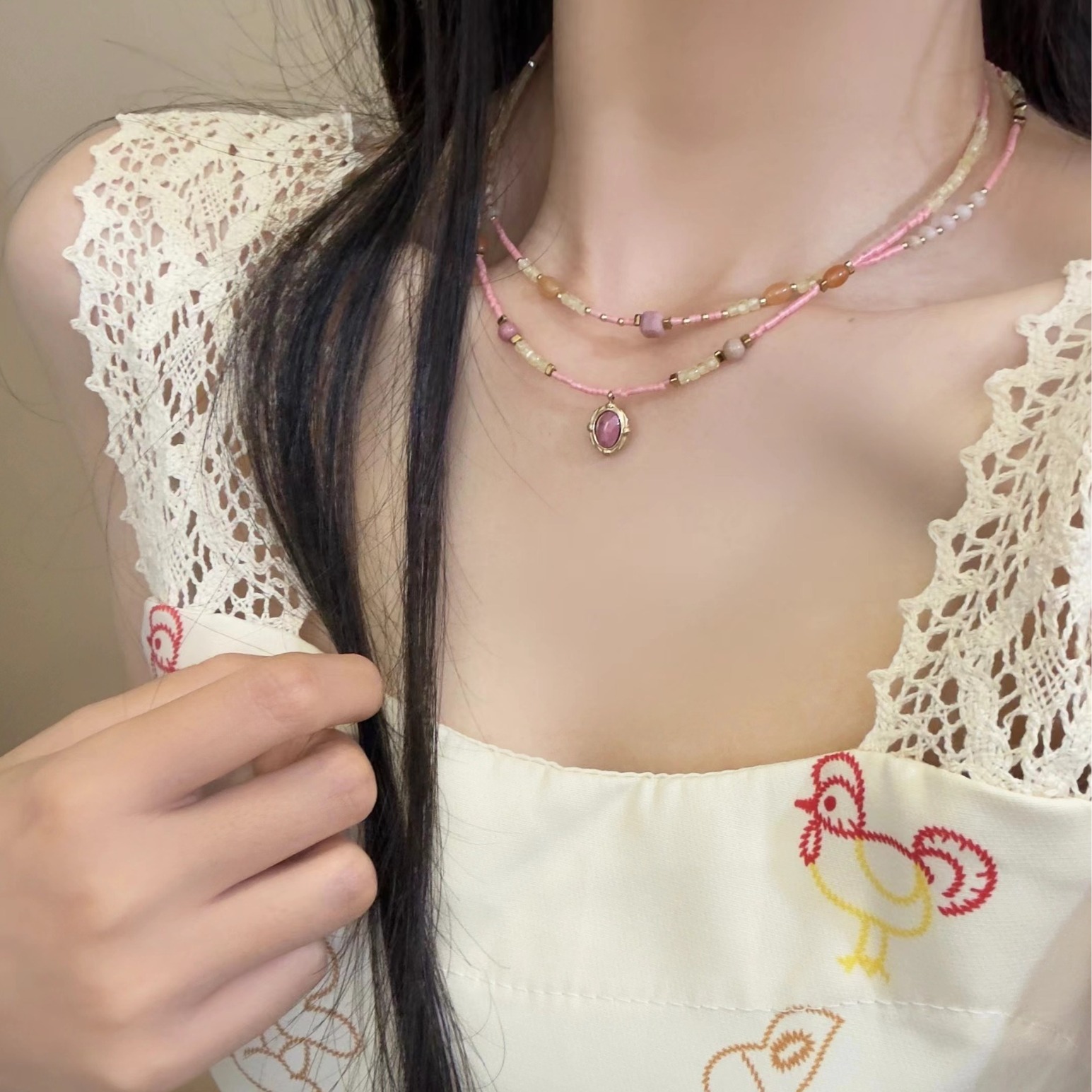 Natural Rose Stone Princess Beaded Sweater Chain - Elegant and Stylish Accessory