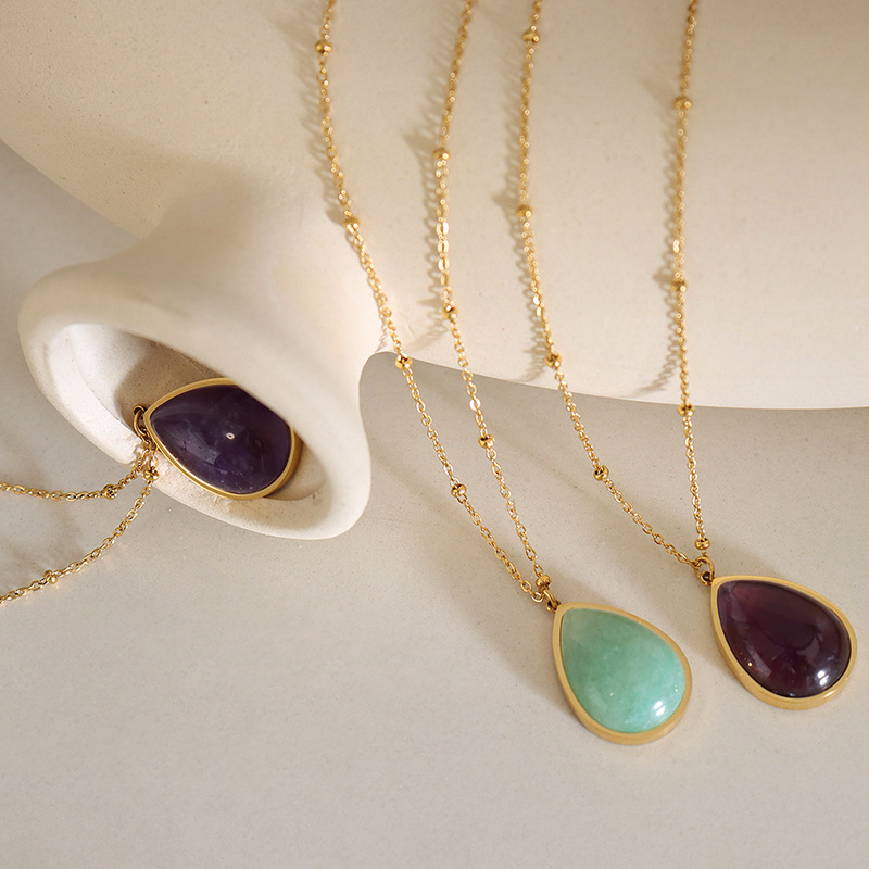 Customized Natural Raw Gemstone Clavicle Chain with Drop-Shaped Oval Pendant Necklace - Image 2