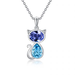 Elegant Cat Necklace with Austrian Crystal in White Gold Plated Sterling Silver