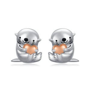 Sterling Silver Sea Otter Heart Earrings - Cute Animal Stud Earrings