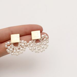 Elegant Handmade Scalloped Pearl Stud Earrings - Woven with Care