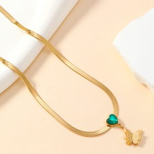 Titanium Steel Women's Retro Love Necklace with Emerald Charm