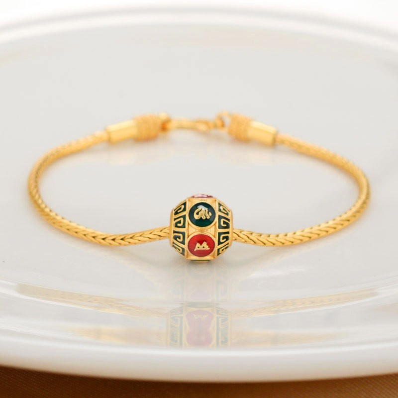 Alluvial Gold Pure Copper Blessing Card Bracelet with Ancient Gold Color Lucky Beads - Image 6