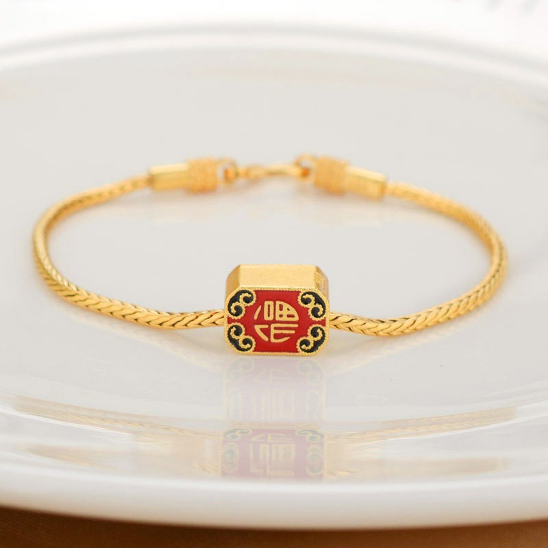 Alluvial Gold Pure Copper Blessing Card Bracelet with Ancient Gold Color Lucky Beads - Image 7