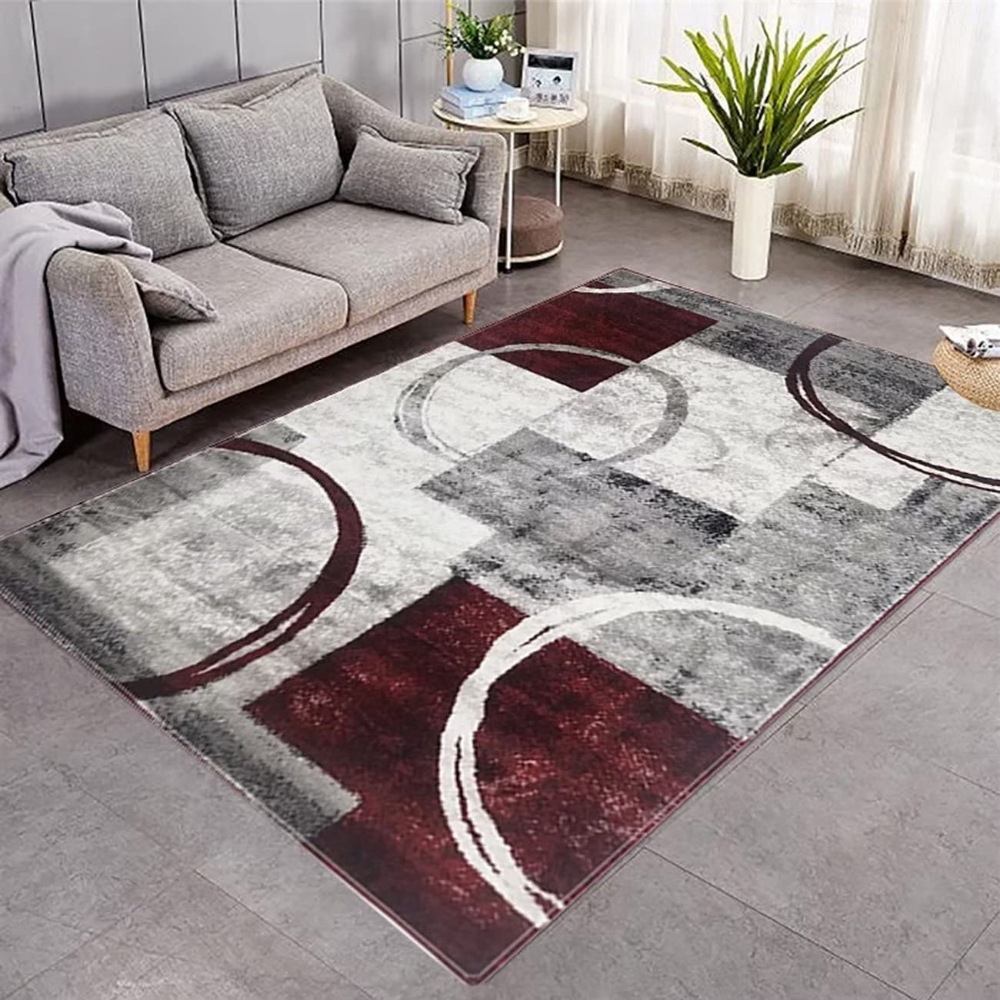 Stylish Wine Red and Gray Geometric Round Carpet for Elegant Decor - Image 3