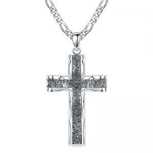 925 Sterling Silver Cross Pendant on Stainless Steel Figaro Chain - Oxidized Cross Necklace for Christian Jewelry Lovers