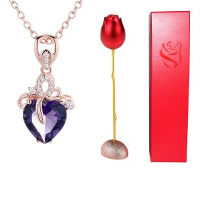 Heart Shaped Blue Purple Crystal Diamond Pendant Rose Head Necklace - Perfect Valentine's Day Gift