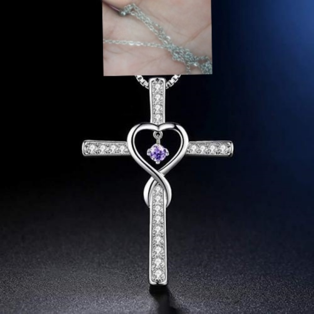 Infinity Love God We Trust Christian Cross Birthstone Crystal Pendant Necklace with Colourful Zircon Heart - Women's Jewelry Collection - Image 4
