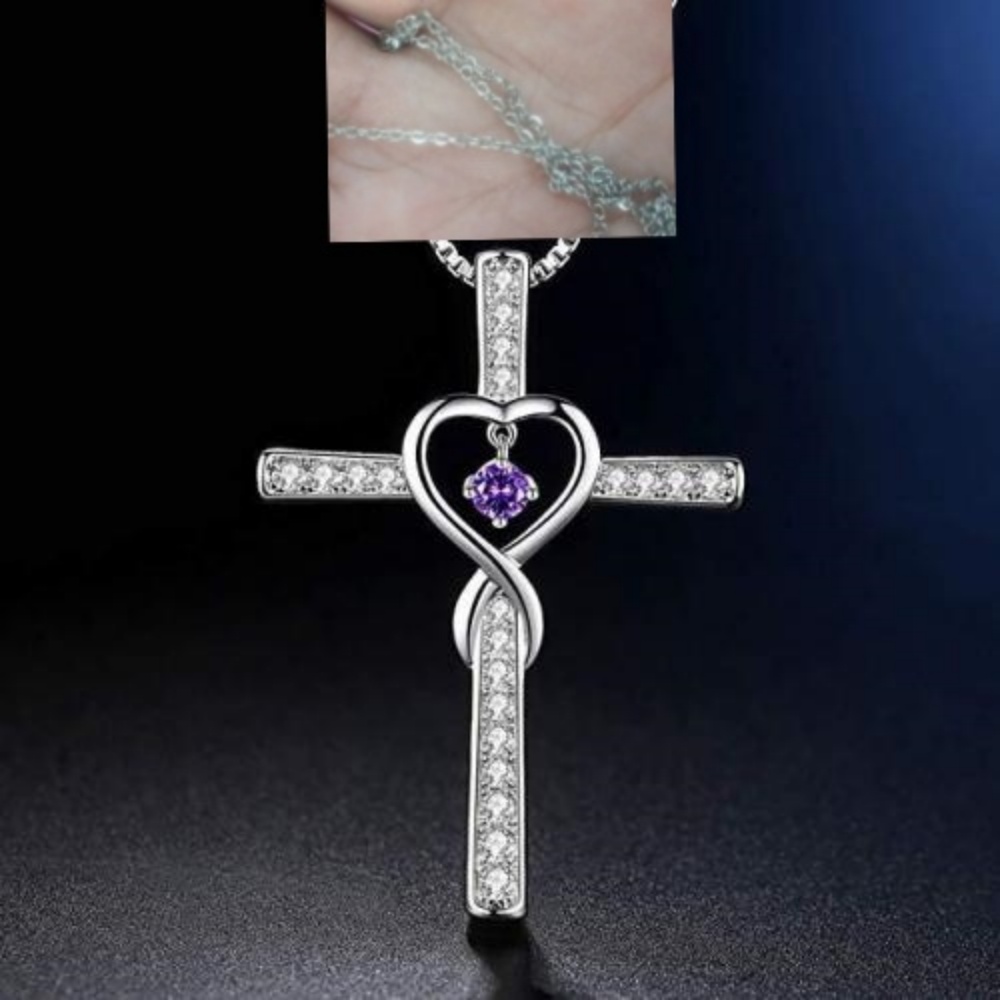 Infinity Love God We Trust Christian Cross Birthstone Crystal Pendant Necklace with Colourful Zircon Heart - Women's Jewelry Collection - Image 19