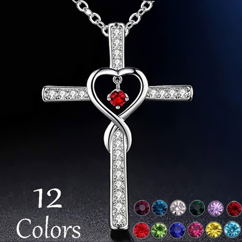 Infinity Love God We Trust Christian Cross Birthstone Crystal Pendant Necklace with Colourful Zircon Heart - Women's Jewelry Collection - Image 21